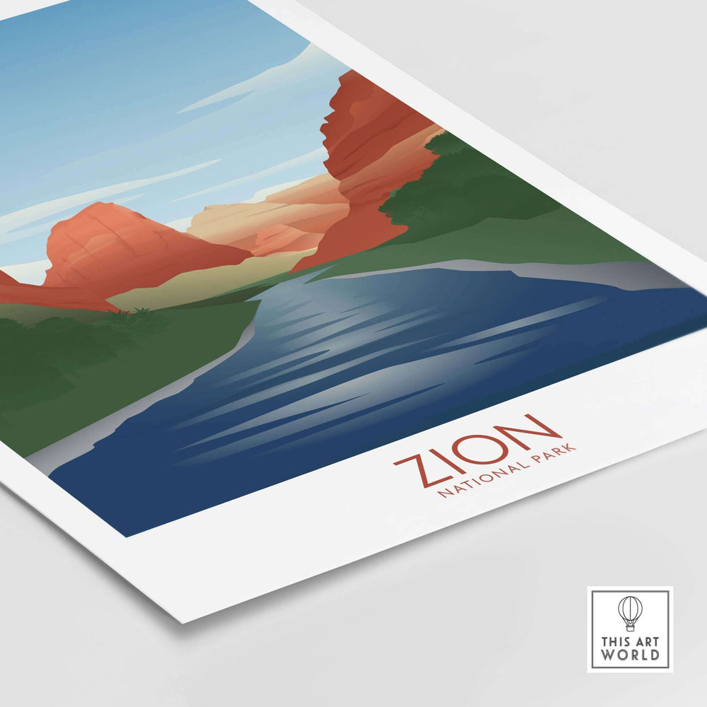 Zion National Park art print showcasing minimalist design with red rock formations and serene river scenery.
