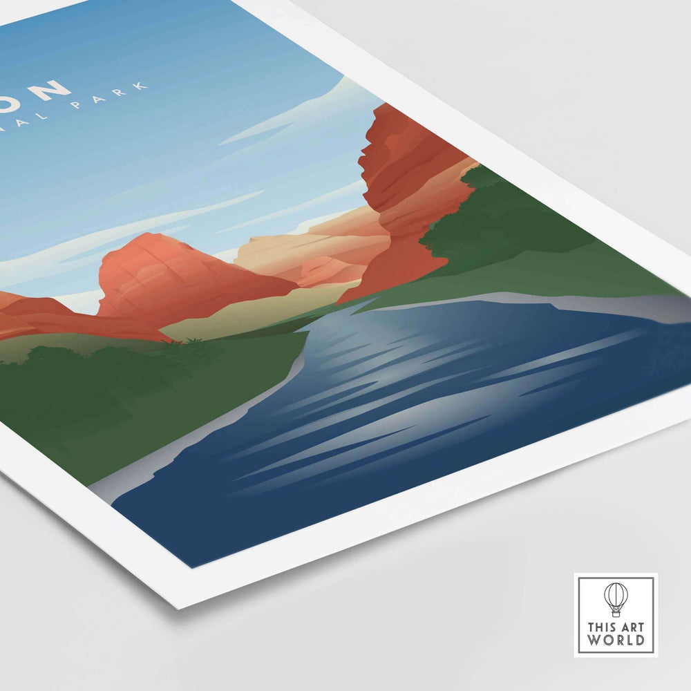 Zion National Park art print showcasing Virgin River with red cliffs and blue sky, perfect for travel enthusiasts.