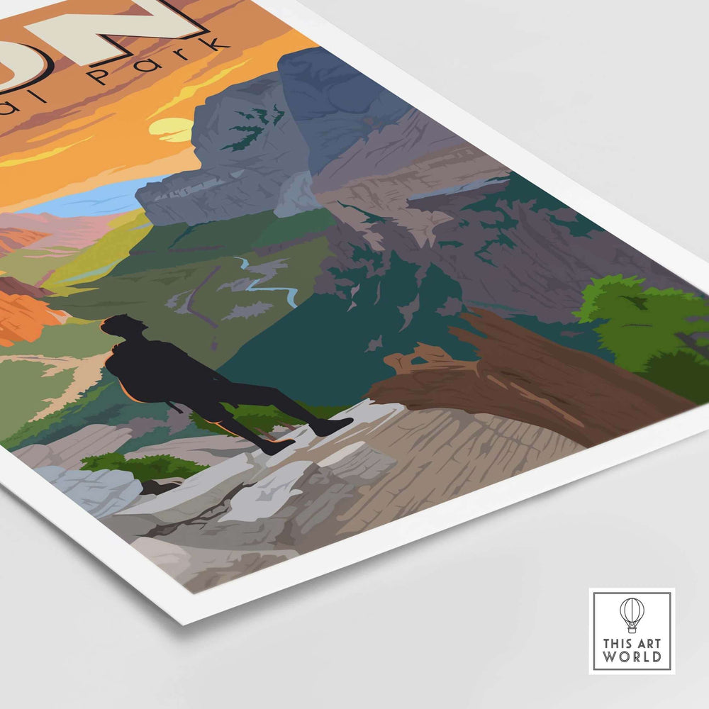 Zion National Park Poster showcasing a hiker with vibrant mountains and sunset, perfect for home or office decor.