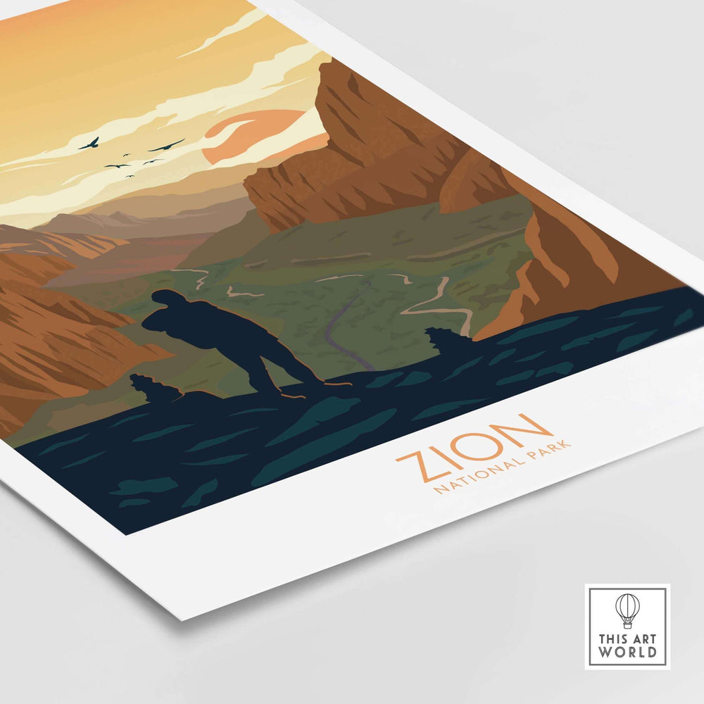 Zion National Park poster art print showcasing a traveler overlooking the breathtaking landscape in minimalist style.