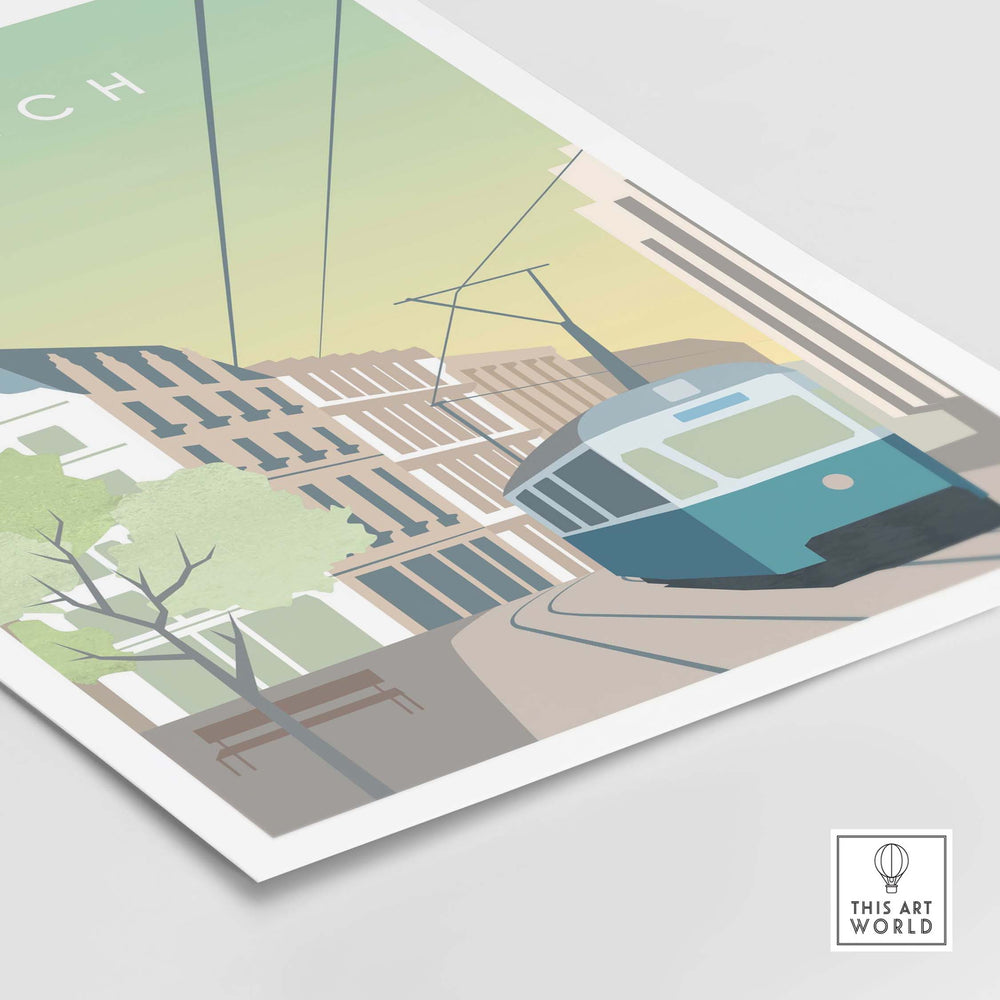 Zurich Print Wall Art Poster featuring a vintage tram in a cityscape, ideal for home or office decor.