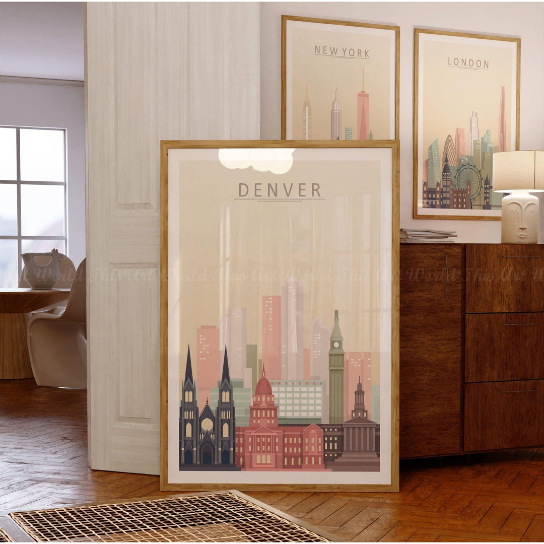 Denver Skyline Print showcasing iconic buildings in warm pastel tones, perfect for stylish wall art in home or office.