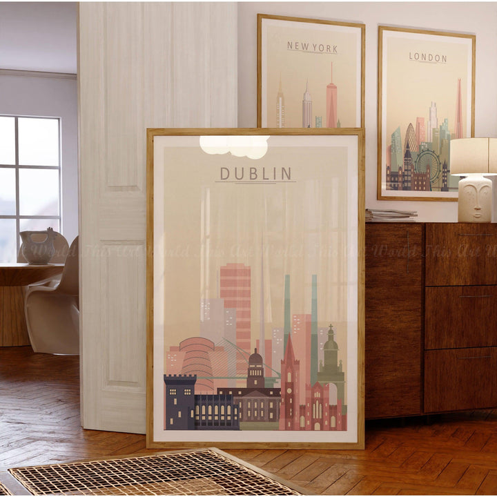 Dublin skyline wall art print in pastel tones, framed, showcasing iconic architecture in a stylish interior setting.