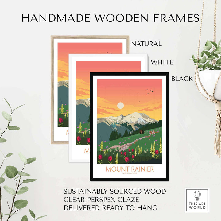 Handmade wooden frames for Mount Rainier art print in natural, white, and black options, sustainably sourced.