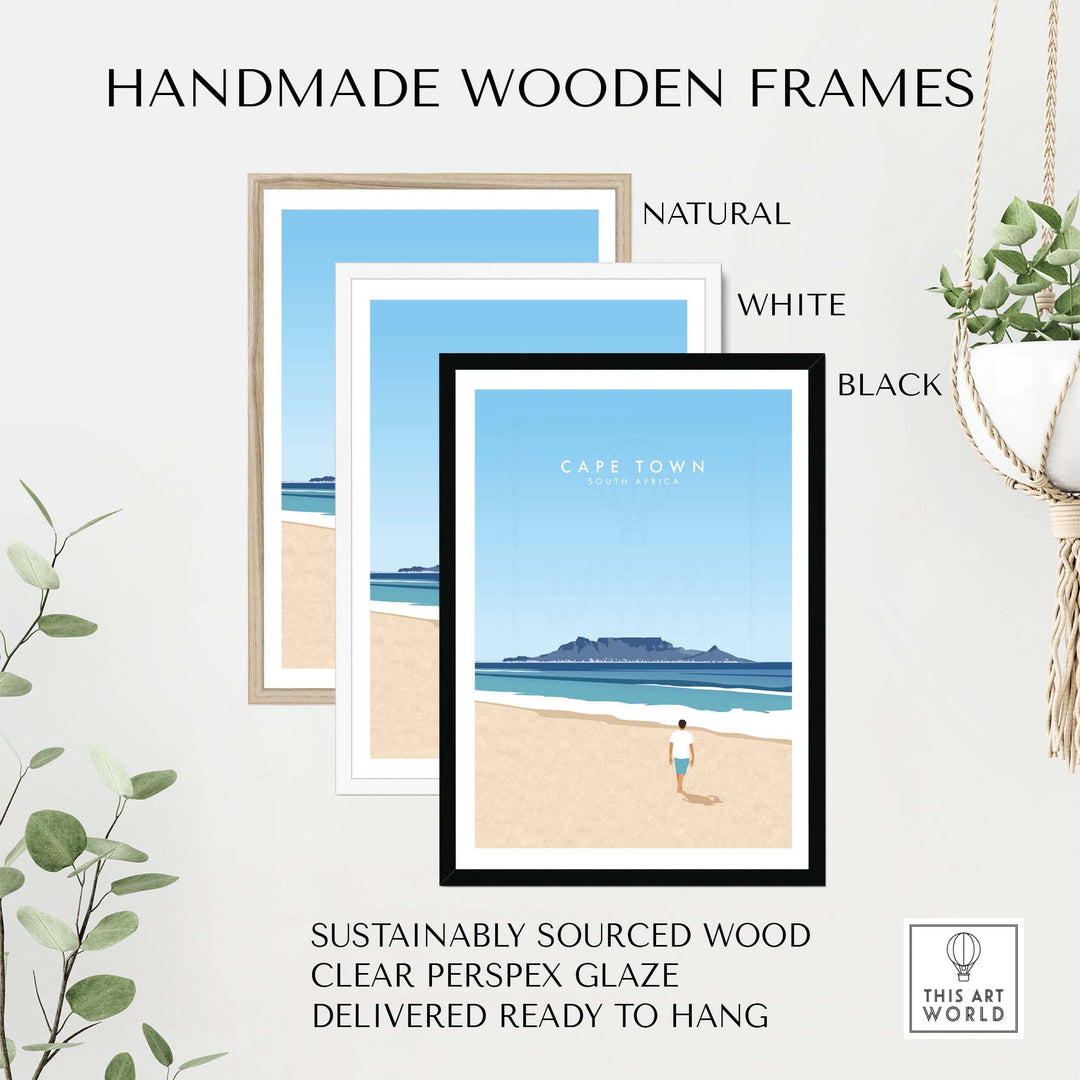 Handmade wooden frames in natural, white, and black for Cape Town art print, sustainably sourced and ready to hang.
