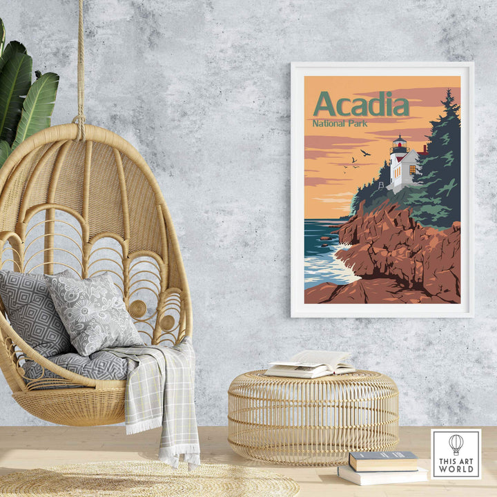 Acadia National Park poster print displayed in a cozy living space with hanging chair and natural decor.