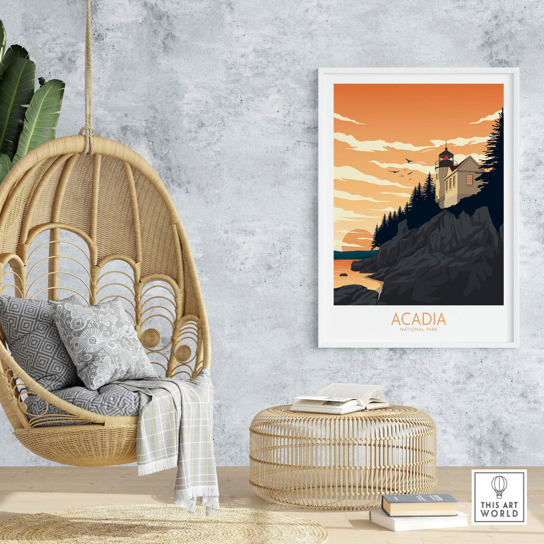 Acadia National Park poster art print in a stylish interior with hanging chair and natural decor.