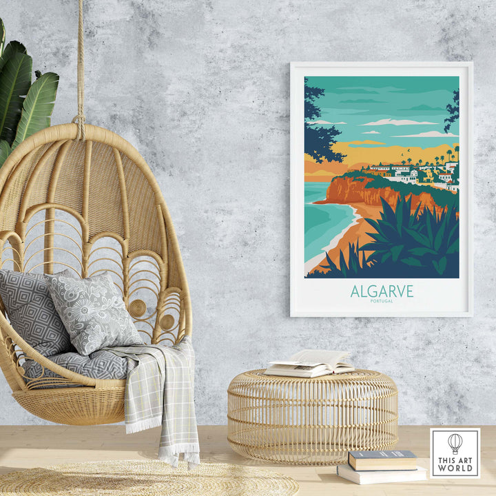 Algarve Print Portugal framed artwork hanging in a stylish home setting with a hanging chair and modern decor.