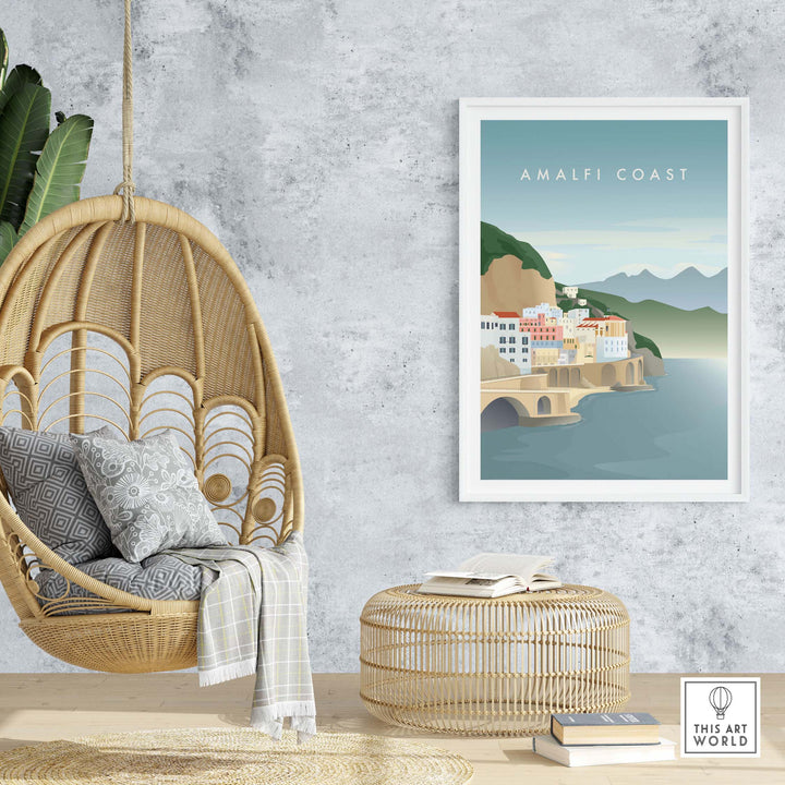 Amalfi Coast minimalist print displayed in a stylish interior with a hanging chair and decorative elements.