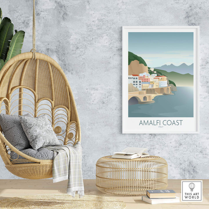 Amalfi Coast Wall Art in a modern home interior with a hanging chair and natural decor accents.