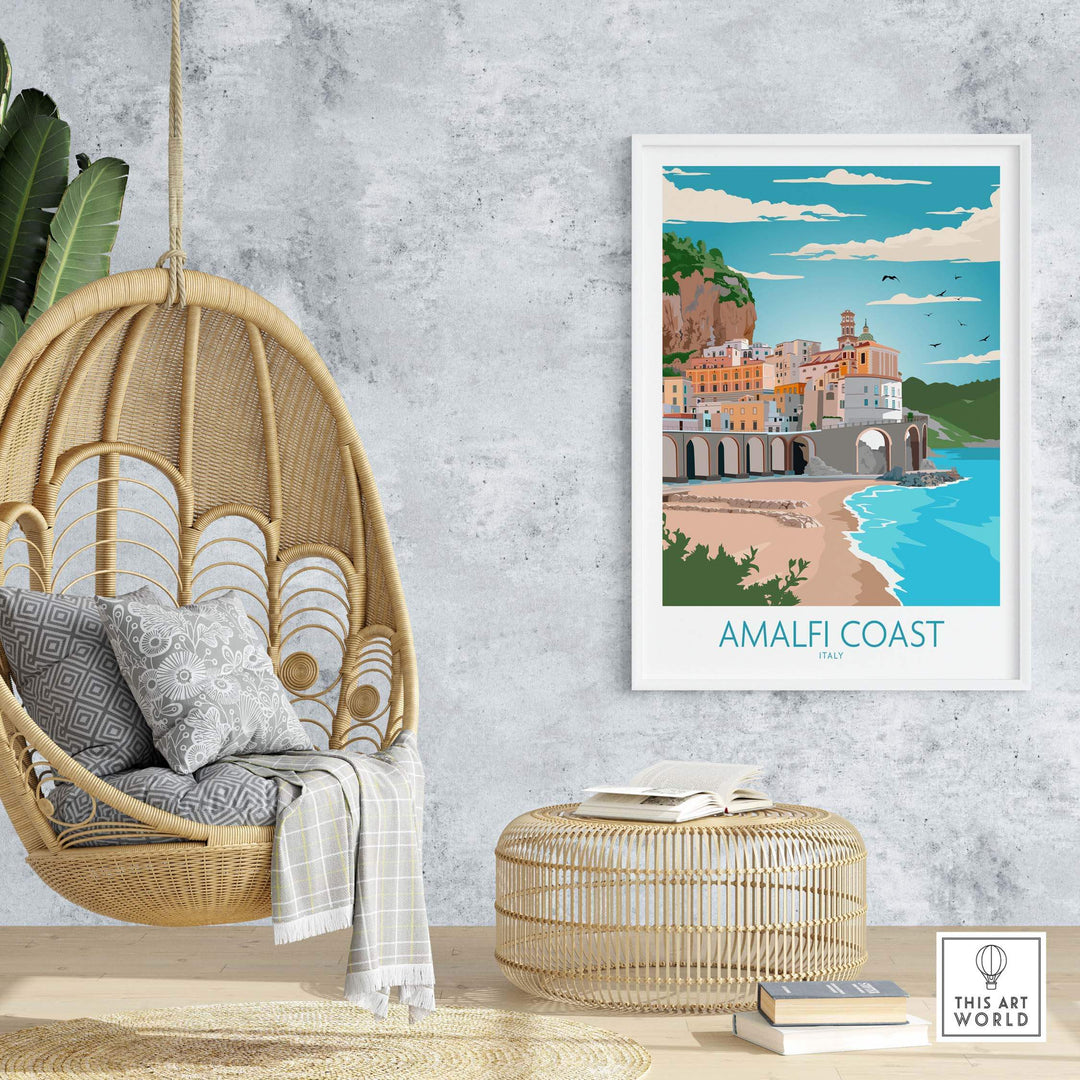 Amalfi Coast Poster showcasing vibrant seaside scenery, perfect for travel-inspired home decor.