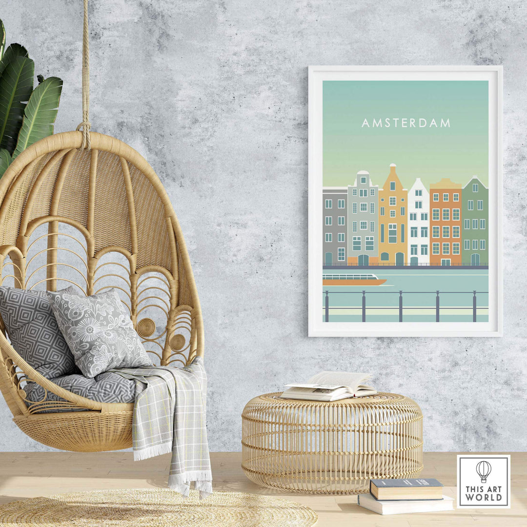 Amsterdam Print Wall Art Poster displayed in a stylish interior with a hanging chair and decorative elements.
