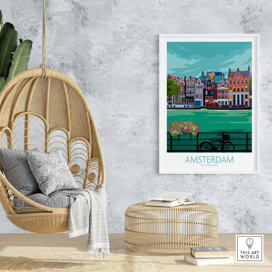 Amsterdam poster print featuring canals and colorful buildings in a stylish home setting.