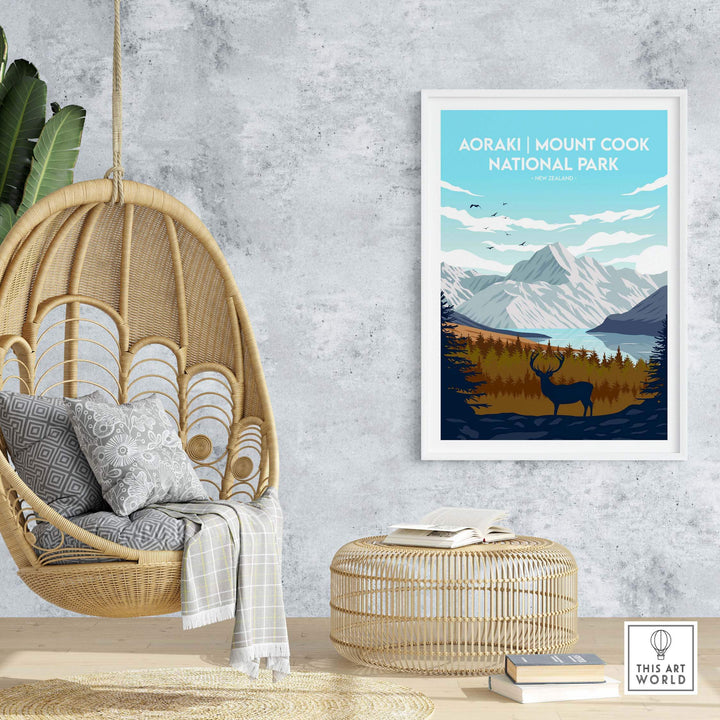 Aoraki Mount Cook National Park print displayed in a cozy interior featuring a hanging chair and natural decor.