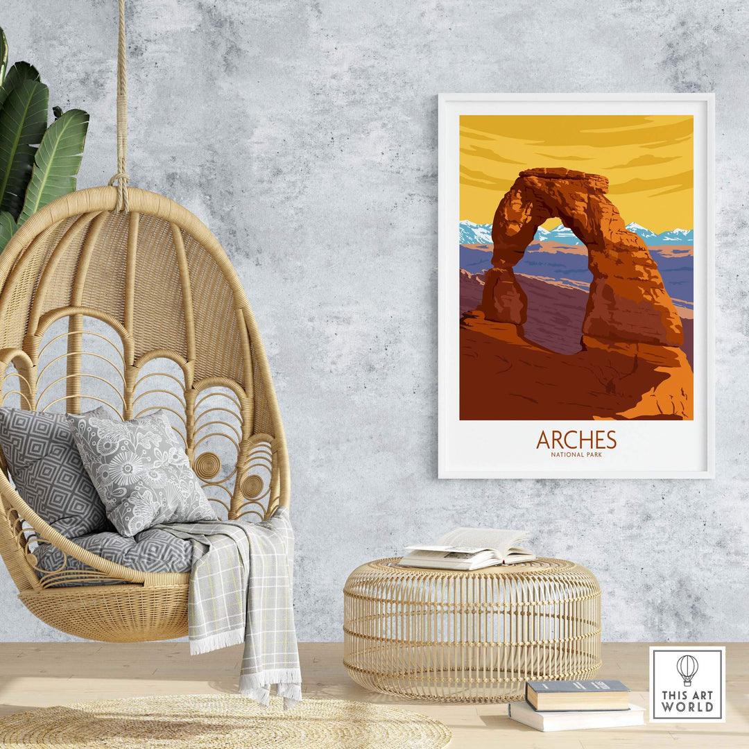 Arches National Park poster print in a stylish room setting with a hanging chair and decorative elements.