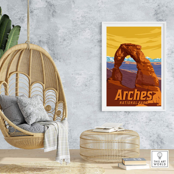 Arches National Park print in stylish frame, showcasing vintage travel art in a cozy living space.
