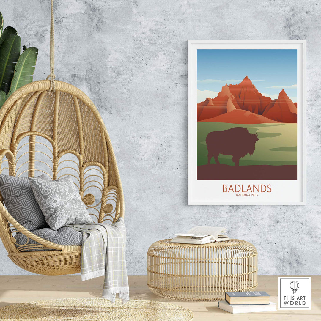 Badlands National Park Art Print framed on wall, featuring minimalist design with bison and red rock formations in decor setting.