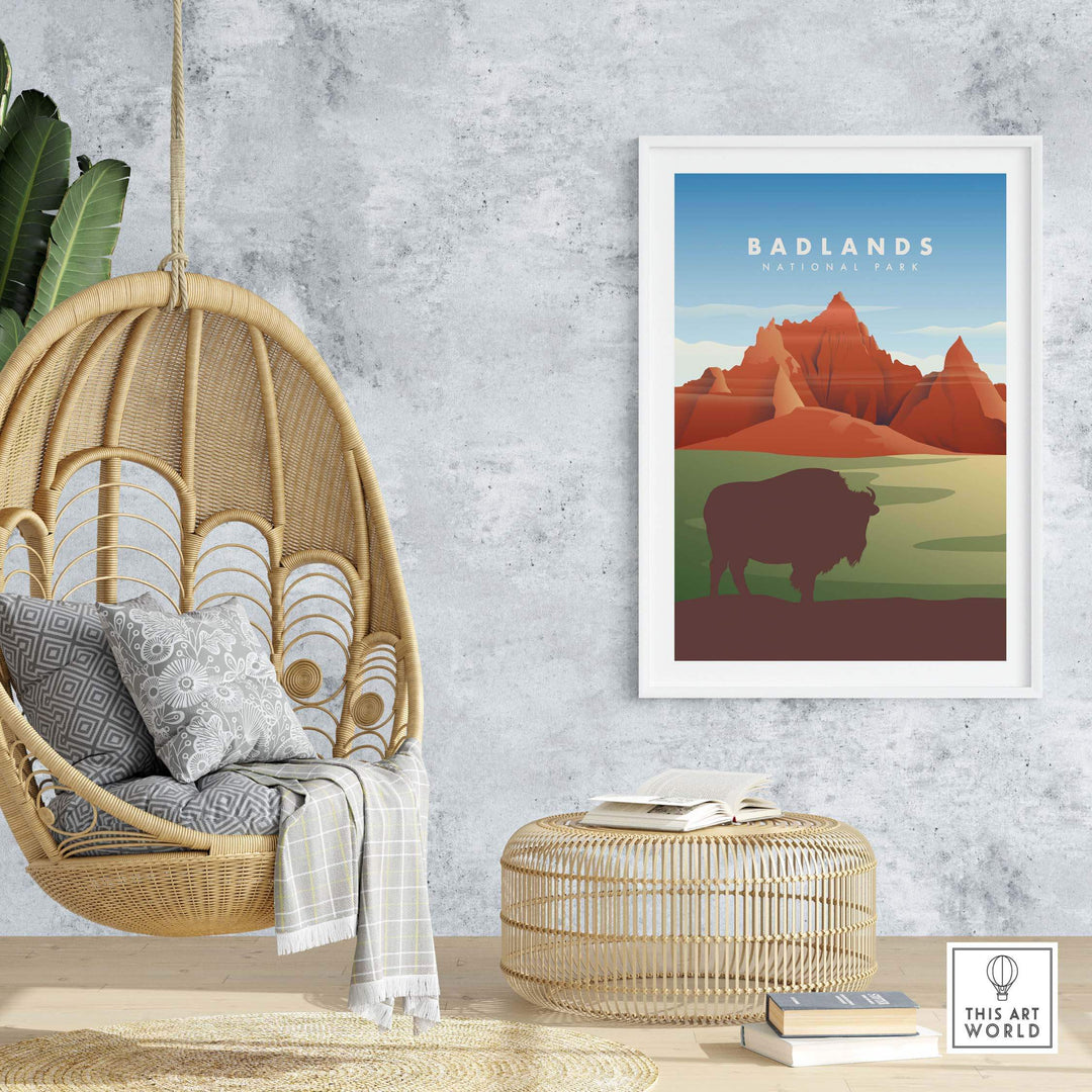 Framed Badlands National Park art print featuring landscapes and a bison in a stylish home setting.