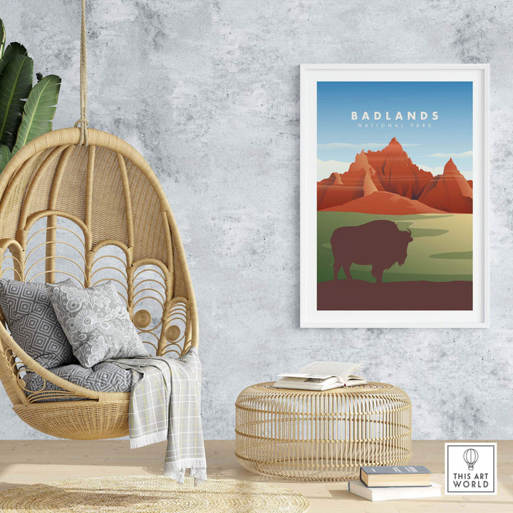 Framed Badlands National Park art print featuring landscapes and a bison in a stylish home setting.