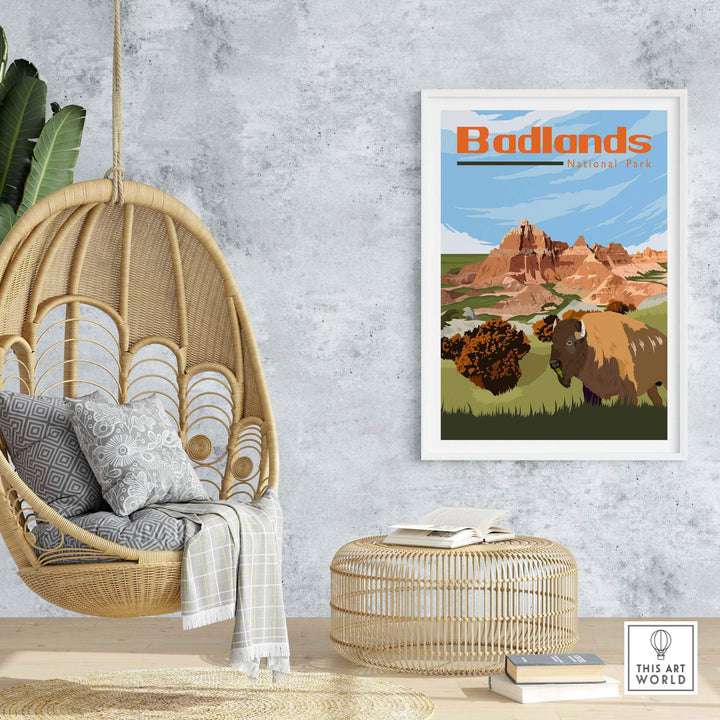 Badlands National Park poster in a modern interior setting with a hanging chair and natural decor.