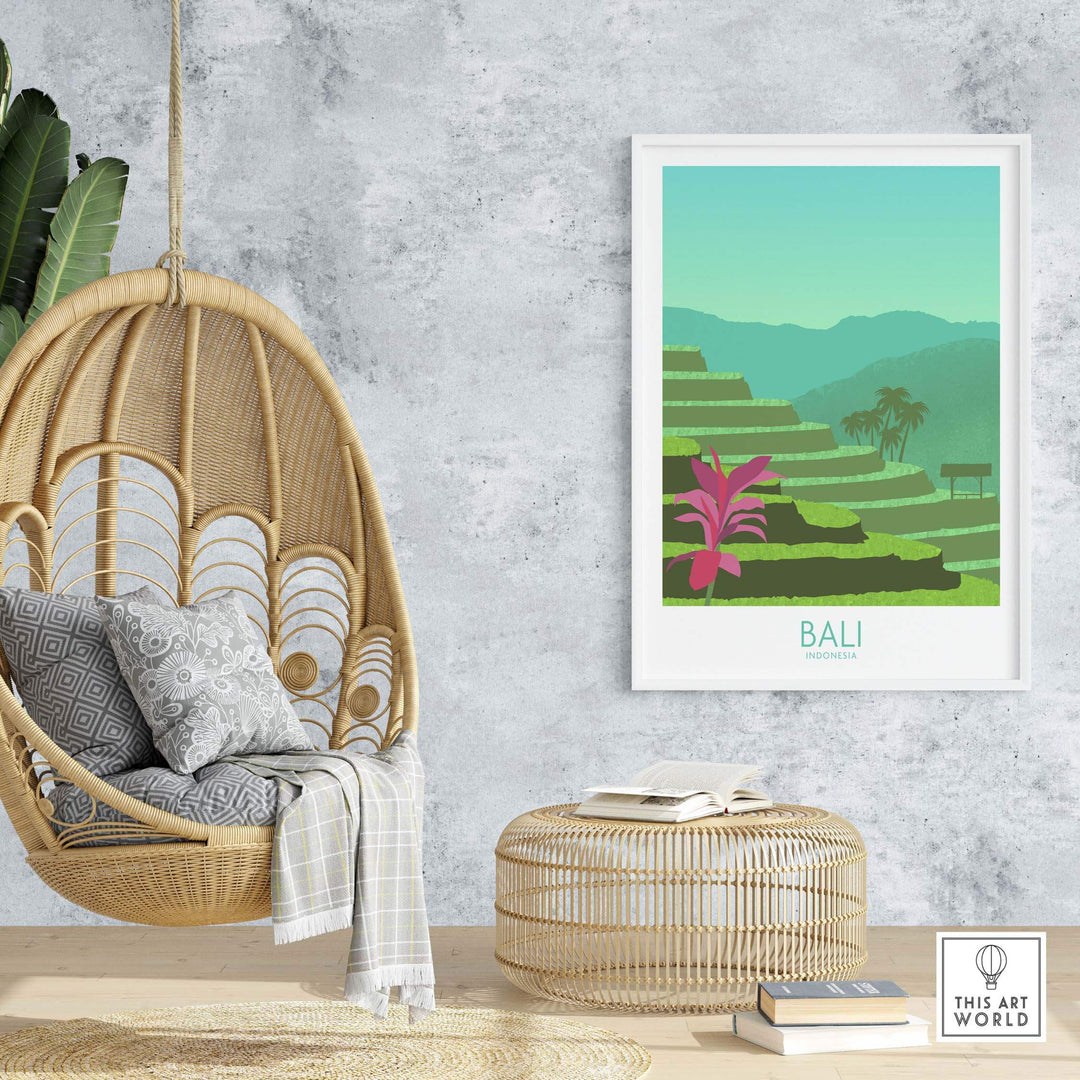 Bali wall art in a stylish interior with a hanging chair and decorative elements showcasing travel-inspired design.