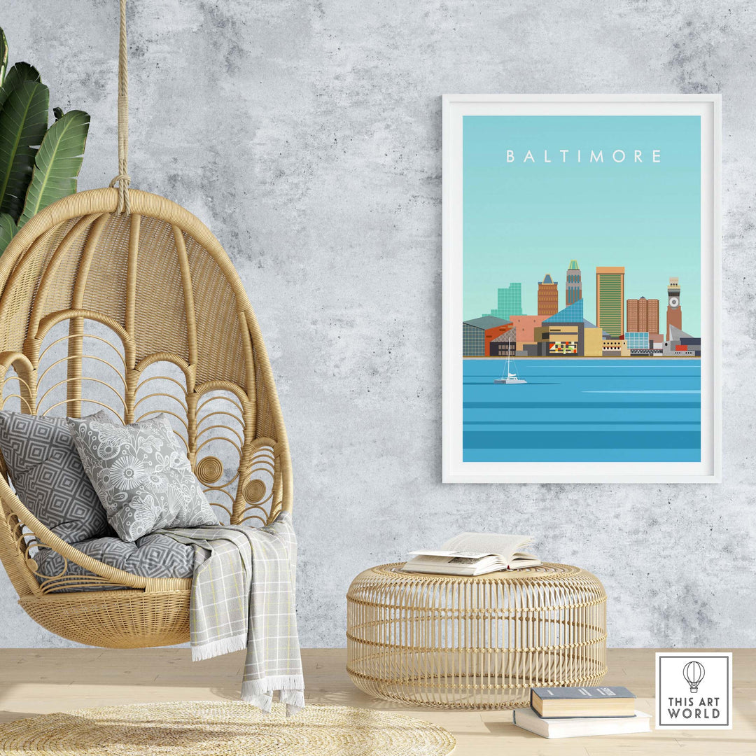 Baltimore Maryland print displayed in a stylish room with hanging chair and natural decor.