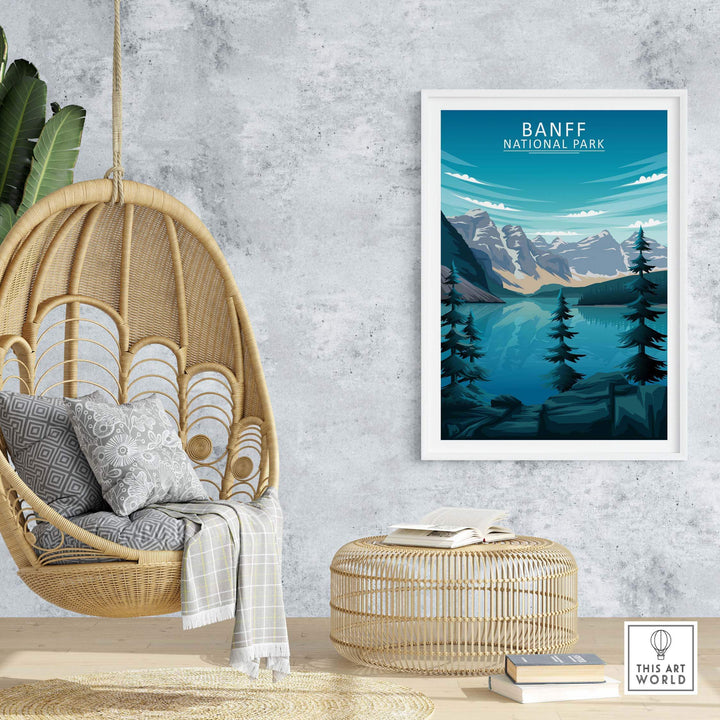 Banff National Park art print in a stylish interior with a hanging chair and natural decor