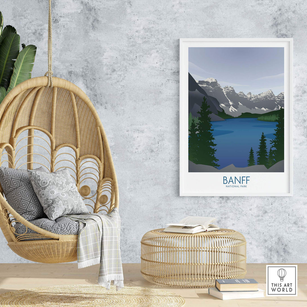 Banff National Park art print displayed in a cozy indoor setting with a hanging chair and natural decor.