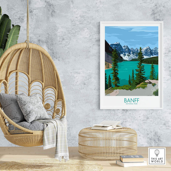 Banff Poster Print Wall Art showcasing mountains and turquoise lake, perfect for home decor inspired by nature.