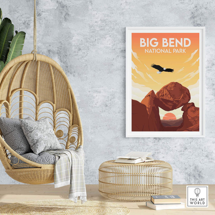 Big Bend National Park poster artwork displayed in a stylish interior with a hanging chair and decor.