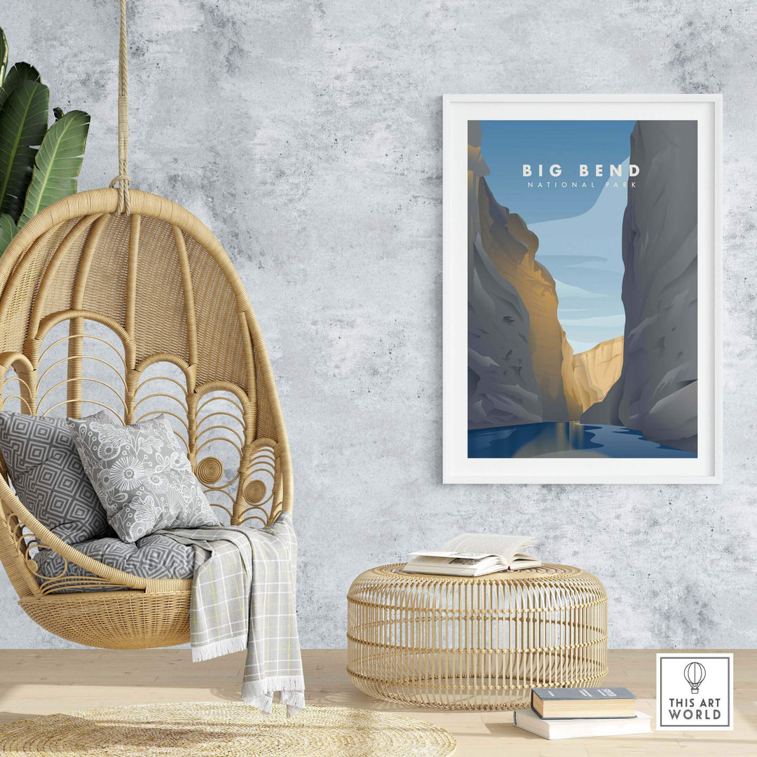 Big Bend National Park art print displayed in a stylish home setting, featuring minimalist mountain design.