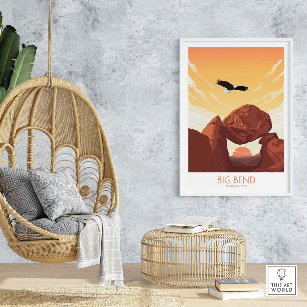 Big Bend National Park art print in a cozy interior with hanging chair and bohemian decor.