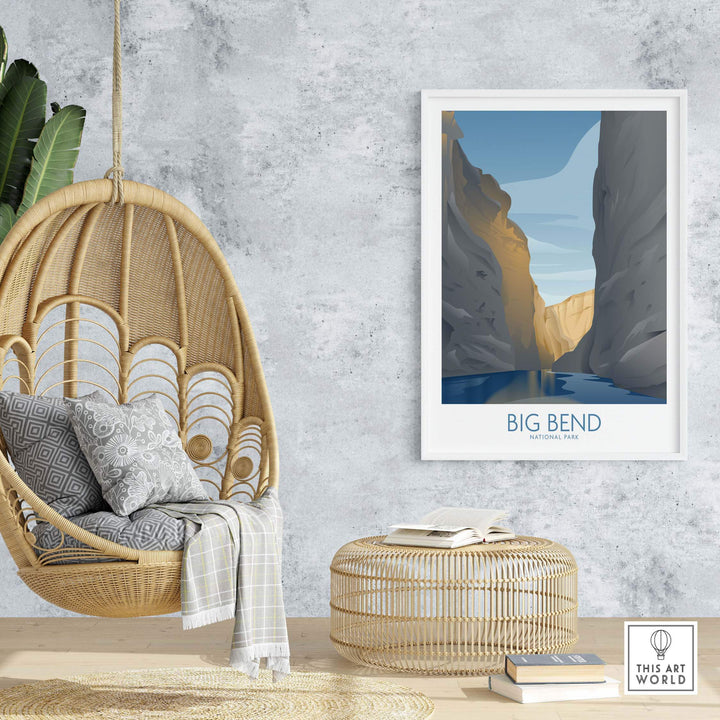 Big Bend National Park art print displayed in a cozy room with hanging chair and natural decor.