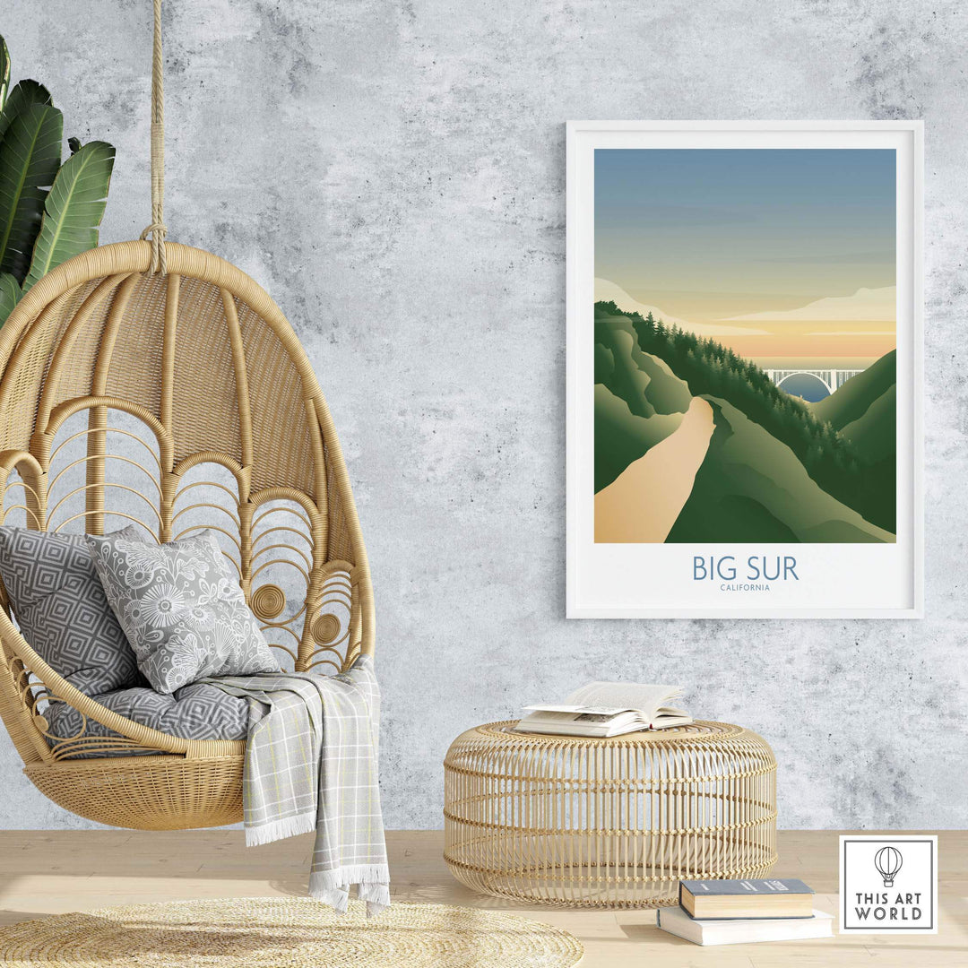 Big Sur California art print in a stylish room with a hanging chair and decorative elements.