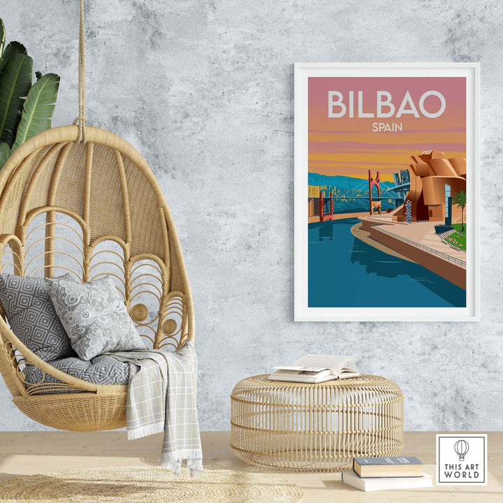 Bilbao Spain art print displayed in a minimalist home setting with a hanging chair and decorative elements.
