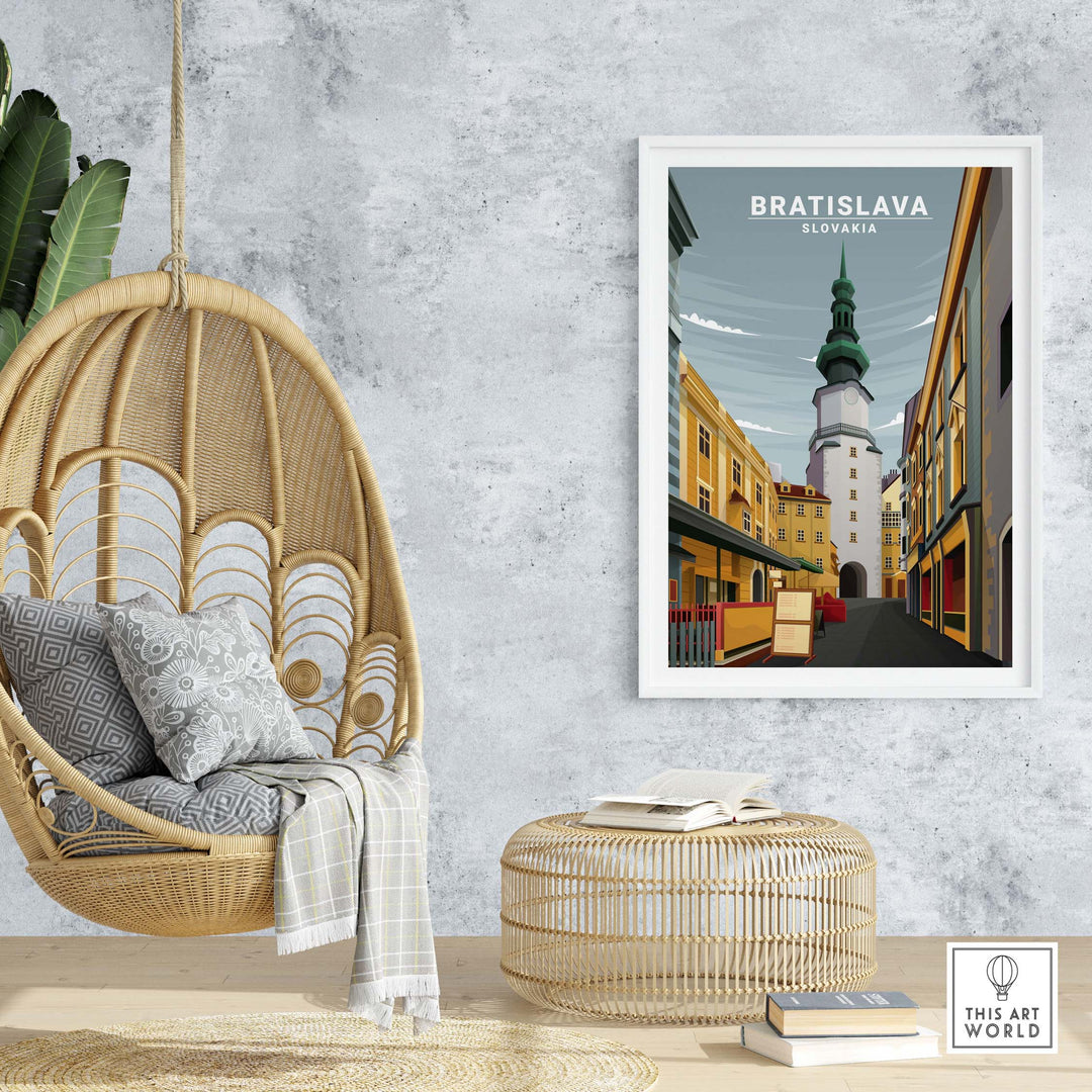Bratislava poster in a stylish home setting, showcasing minimalist art inspired by vintage travel aesthetics.
