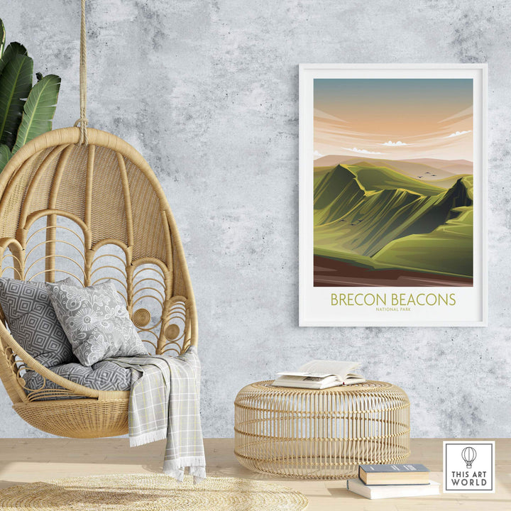 Brecon Beacons National Park art print displayed in a modern interior with a hanging chair and natural decor.