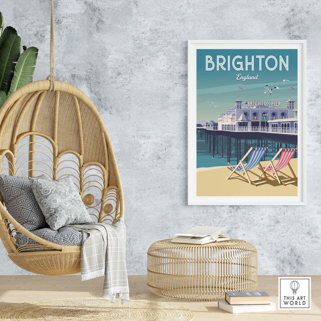 Brighton wall art print featuring the iconic Brighton Pier, adorned in a stylish interior setting.