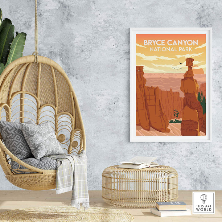 Bryce Canyon National Park poster in a stylish interior setting with hanging chair and decor.