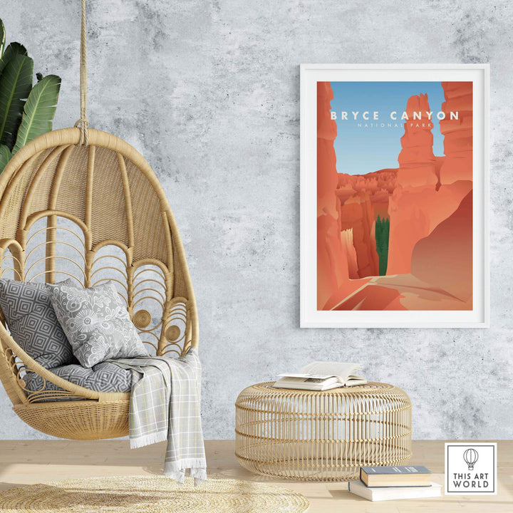 Bryce Canyon National Park art print displayed in a stylish home setting with hanging chair and decorative elements.