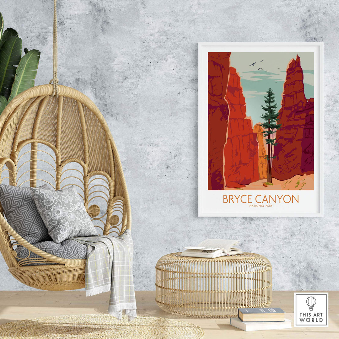 Bryce Canyon poster print framed, showcasing vibrant colors and nature, perfect for home decor inspired by vintage National Park art.