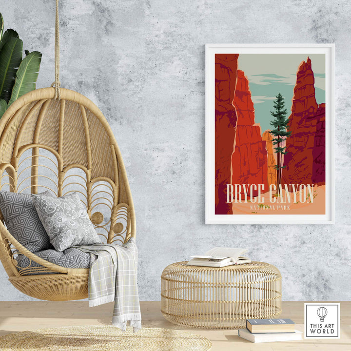 Bryce Canyon National Park vintage print displayed in a modern living space with hanging chair and stylish decor.