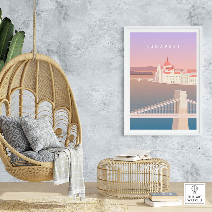 Budapest Print Wall Art Poster displayed in a stylish home setting with hanging chair and decor.