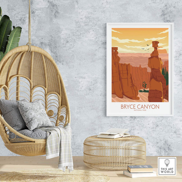 Bryce Canyon National Park art print in a modern living space with hanging chair and natural decor.