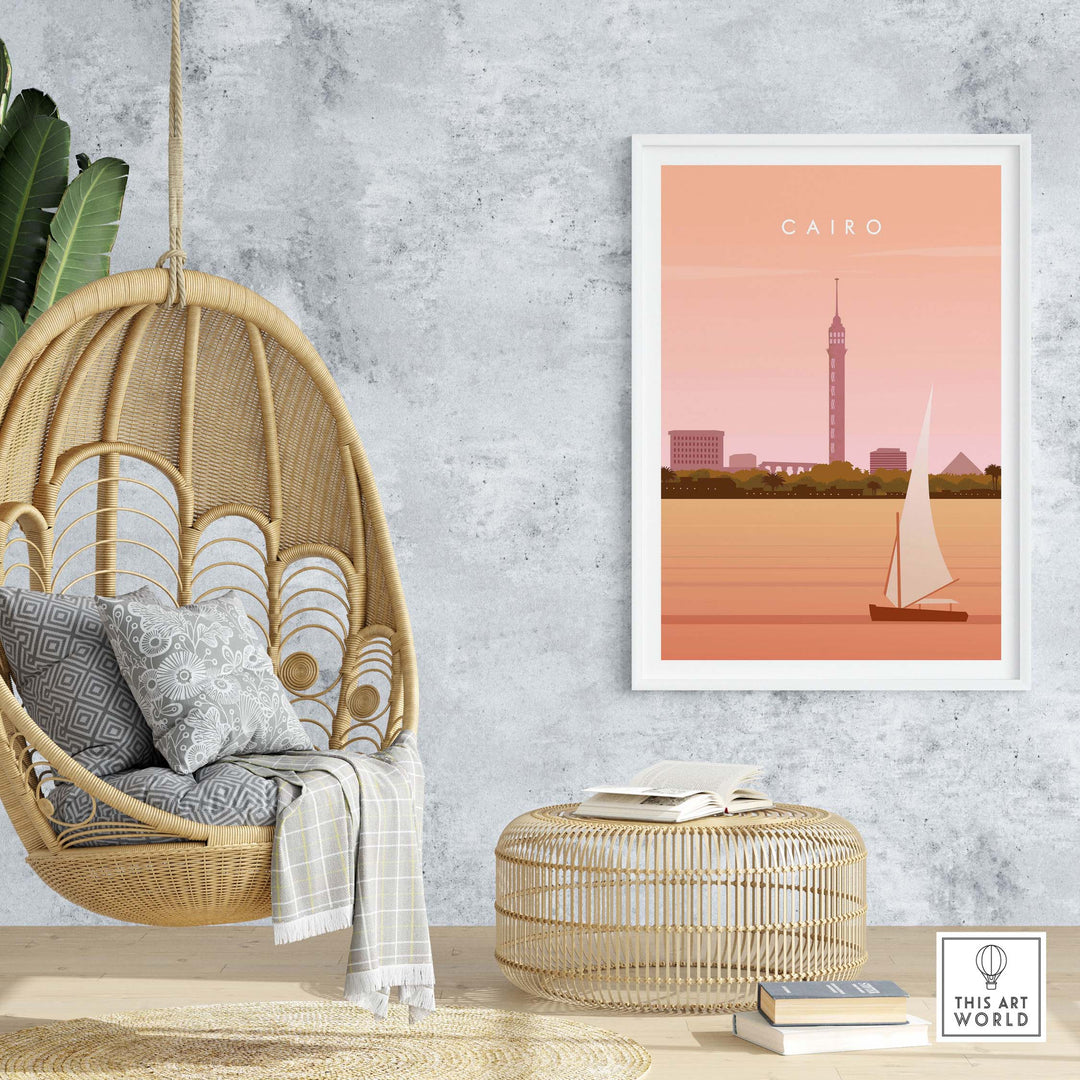 Cairo Print Wall Art Poster featuring Cairo Tower and sailboat, stylish decor for travel lovers.