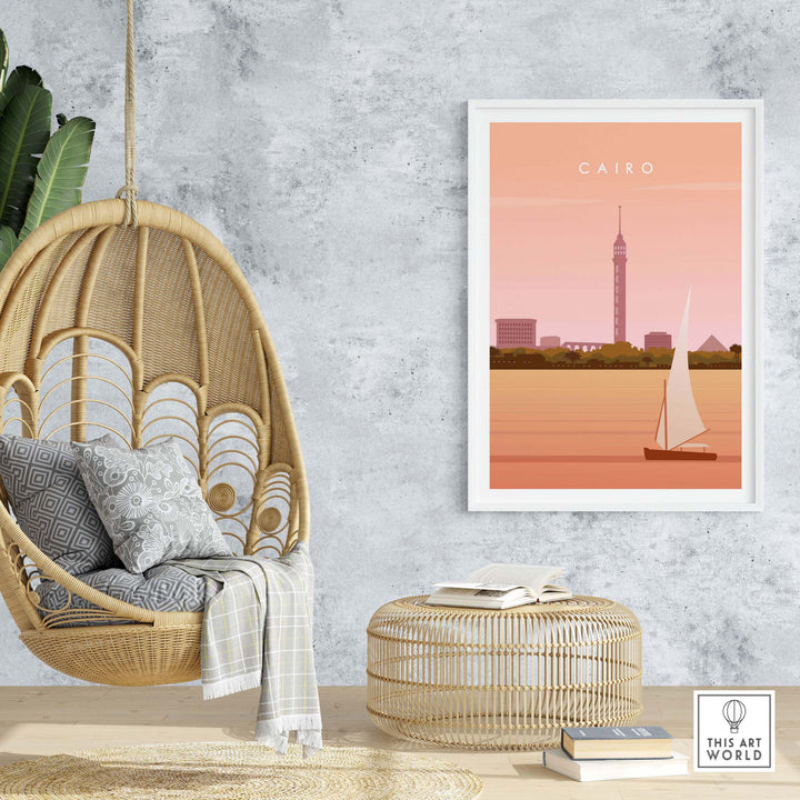 Cairo Print Wall Art Poster featuring Cairo Tower and sailboat, stylish decor for travel lovers.