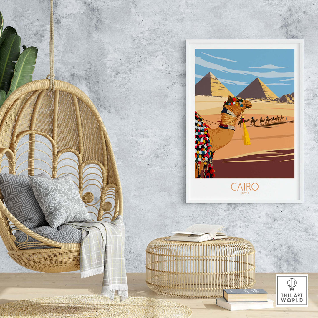 Cairo Egypt poster featuring a camel and pyramids in a modern minimalist style, perfect for home decor.