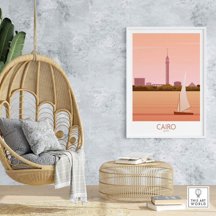 Cairo Travel Poster Print featuring the Nile River and city skyline, displayed in a stylish interior setting.