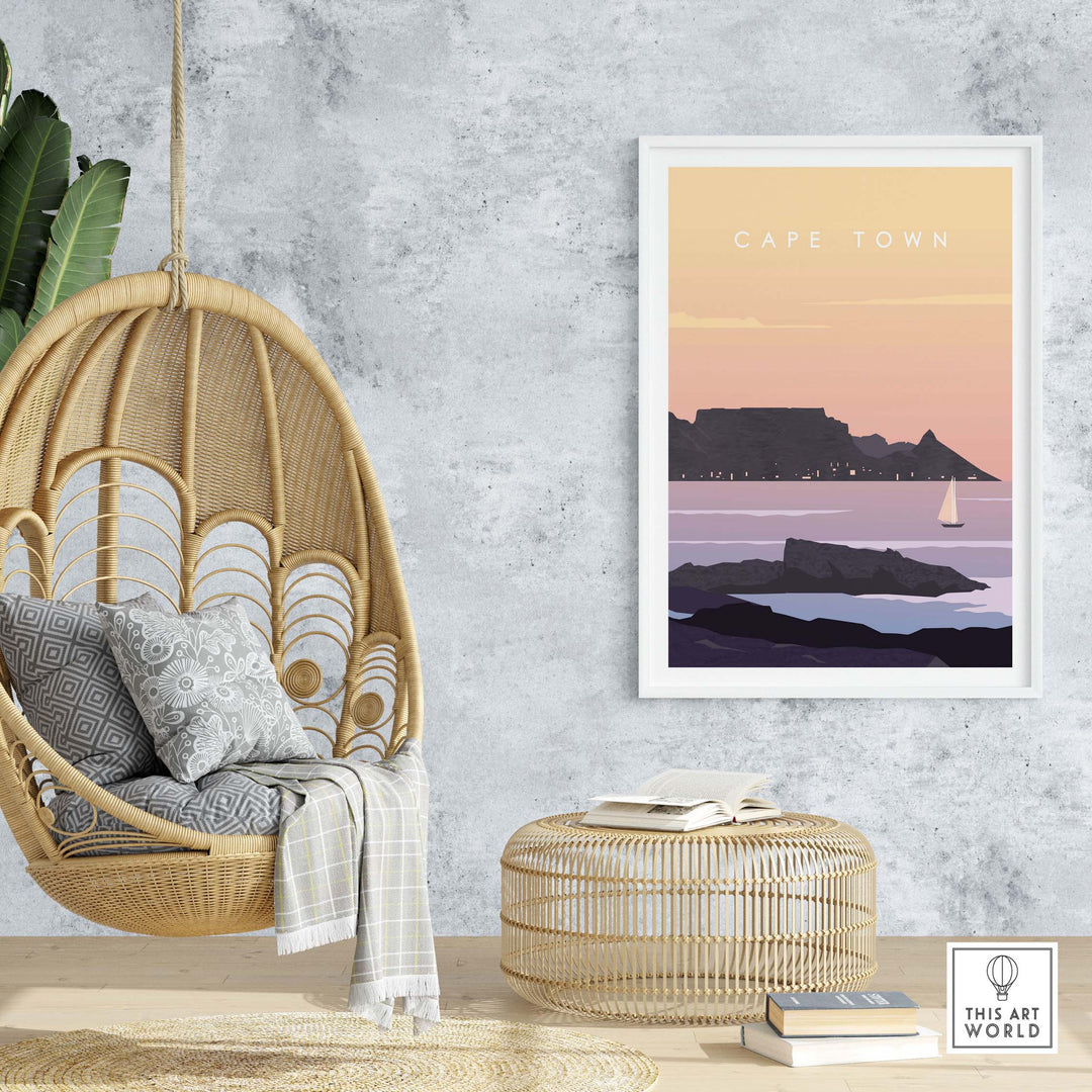 Stylish Cape Town Print Wall Art Poster displayed in a modern living space, featuring a cozy chair and decor.