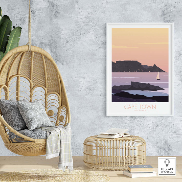 Cape Town Poster Print featuring Table Mountain, stylish wall art in a cozy home setting with a hanging chair.